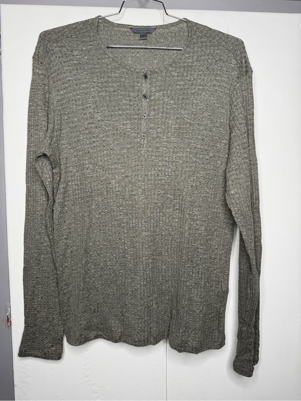 John Varvatos Ribbed Waffle Knit Cotton Blend LS Henley Olive Green Shirt Men XL